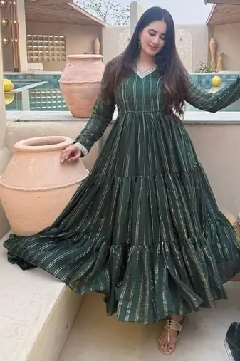 green embroidered brocade full stitched anarkali suit