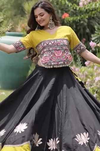 Black & Yellow Gamthi Embroidered Foil Print Rayon Flared Lehenga Choli Set