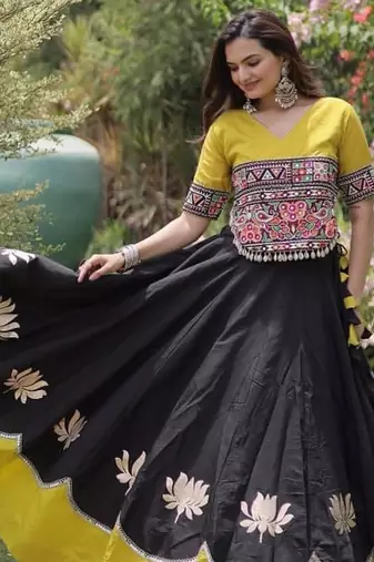Black & Yellow Gamthi Embroidered Foil Print Rayon Flared Lehenga Choli Set