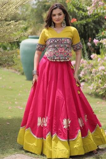 Pink & Yellow Gamthi Embroidered Foil Print Rayon Flared Lehenga Choli Set