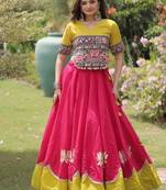 Pink & Yellow Gamthi Embroidered Foil Print Rayon Flared Lehenga Choli Set