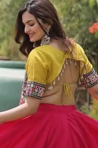 Pink & Yellow Gamthi Embroidered Foil Print Rayon Flared Lehenga Choli Set