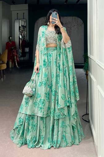 Green Sequins & Beads Embroidery Georgette Lehenga Choli with Cape Style Dupatta