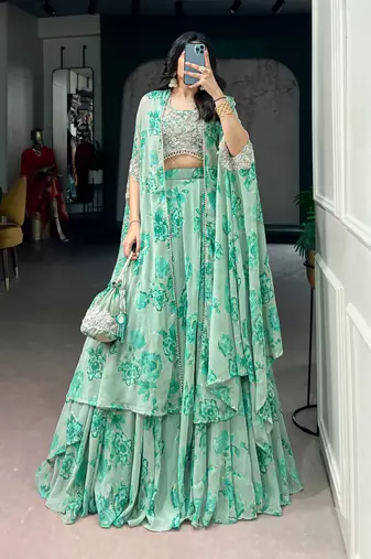 Green Sequins & Beads Embroidery Georgette Lehenga Choli with Cape Style Dupatta