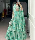 Green Sequins & Beads Embroidery Georgette Lehenga Choli with Cape Style Dupatta
