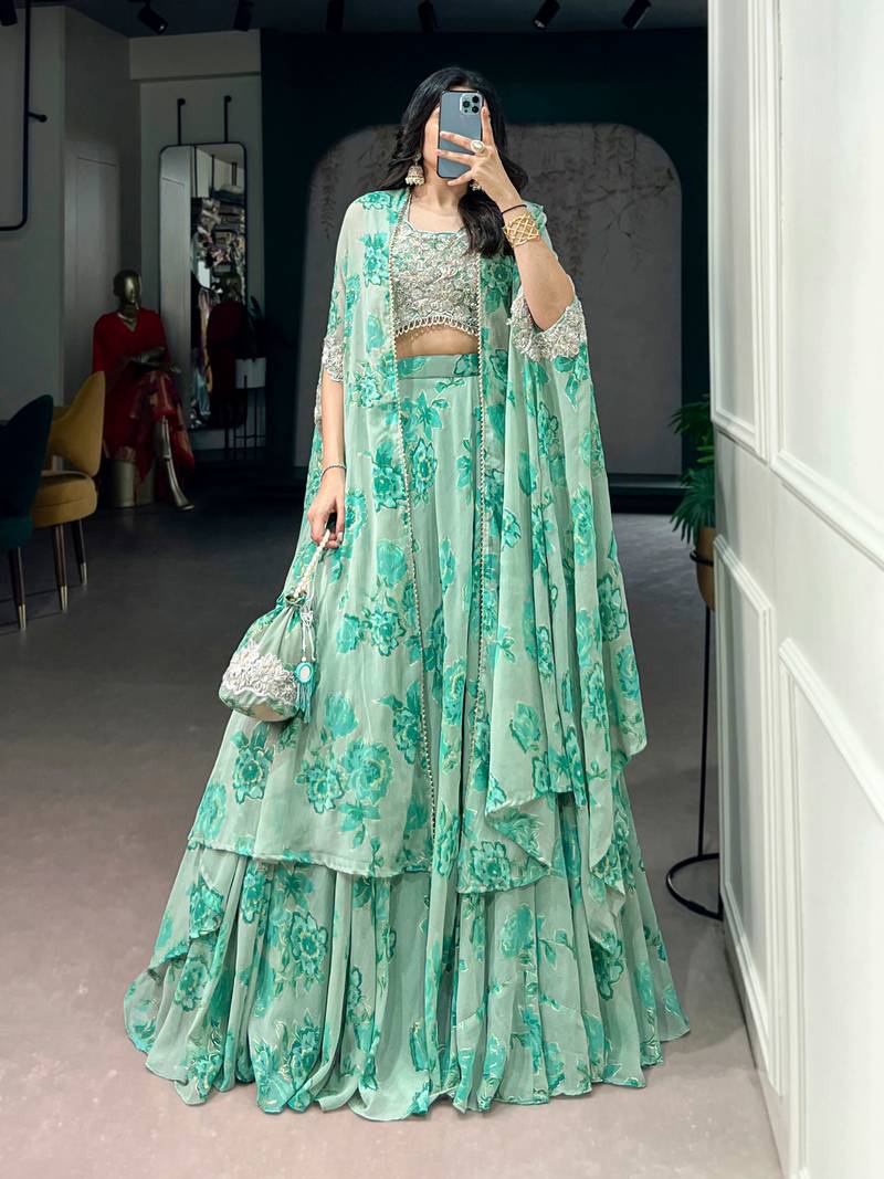 Green Sequins & Beads Embroidery Georgette Lehenga Choli with Cape Style Dupatta