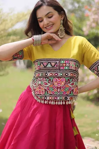 Pink & Yellow Gamthi Embroidered Foil Print Rayon Flared Lehenga Choli Set