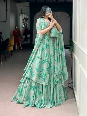 Green Sequins & Beads Embroidery Georgette Lehenga Choli with Cape Style Dupatta 2