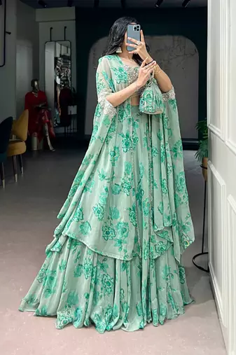 Green Sequins & Beads Embroidery Georgette Lehenga Choli with Cape Style Dupatta