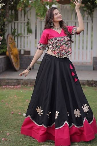 Black & Pink Gamthi Embroidered Foil Print Rayon Flared Lehenga Choli Set