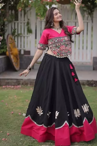 Black & Pink Gamthi Embroidered Foil Print Rayon Flared Lehenga Choli Set