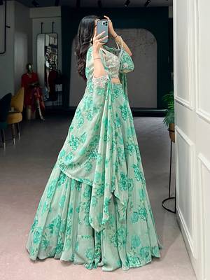 Green Sequins & Beads Embroidery Georgette Lehenga Choli with Cape Style Dupatta 3