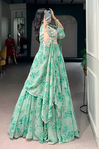 Green Sequins & Beads Embroidery Georgette Lehenga Choli with Cape Style Dupatta