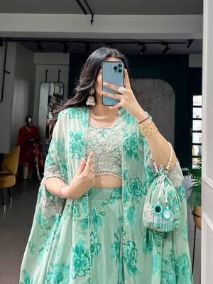 Green Sequins & Beads Embroidery Georgette Lehenga Choli with Cape Style Dupatta 4