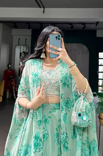 Green Sequins & Beads Embroidery Georgette Lehenga Choli with Cape Style Dupatta