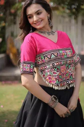 Black & Pink Gamthi Embroidered Foil Print Rayon Flared Lehenga Choli Set