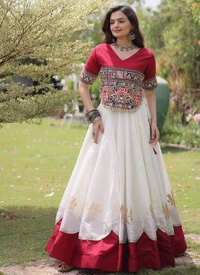 White & Maroon Gamthi Embroidered Foil Print Rayon Flared Lehenga Choli Set 1