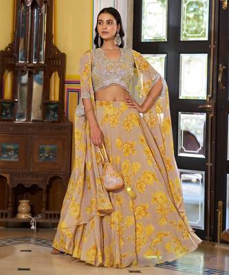 Mustard Sequins & Beads Embroidery Georgette Lehenga Choli with Cape Style Dupatta 1