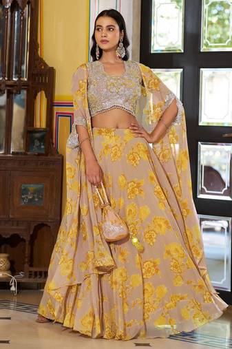 Mustard Sequins & Beads Embroidery Georgette Lehenga Choli with Cape Style Dupatta