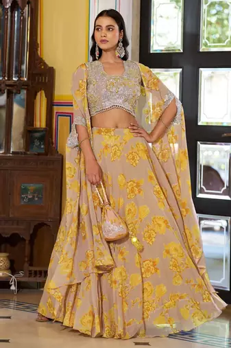 Mustard Sequins & Beads Embroidery Georgette Lehenga Choli with Cape Style Dupatta