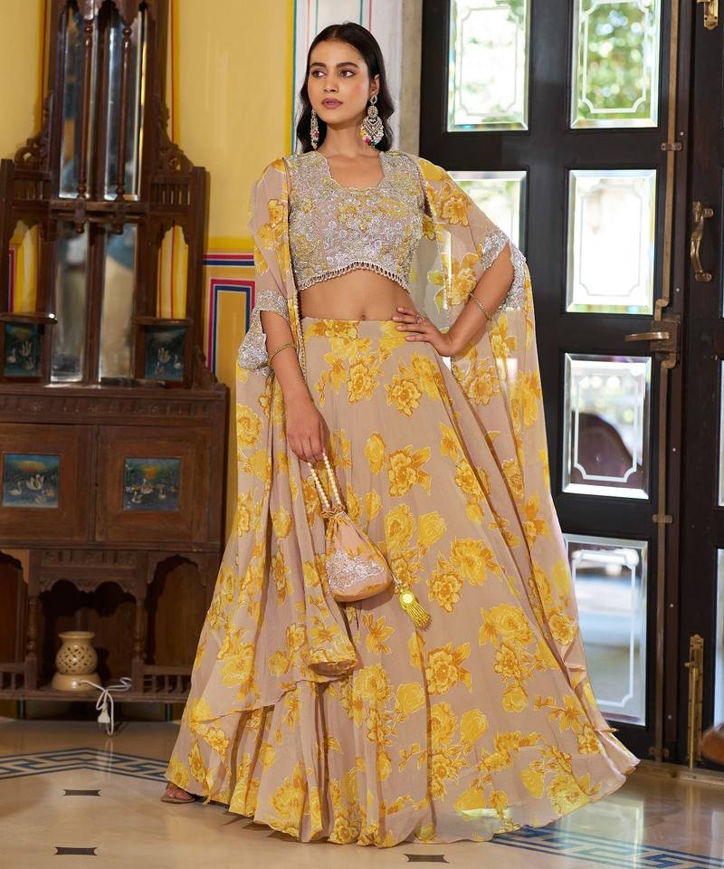 Mustard Sequins & Beads Embroidery Georgette Lehenga Choli with Cape Style Dupatta