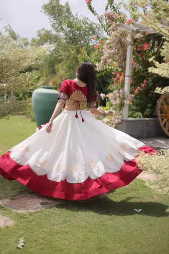 White & Maroon Gamthi Embroidered Foil Print Rayon Flared Lehenga Choli Set