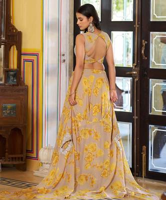 Mustard Sequins & Beads Embroidery Georgette Lehenga Choli with Cape Style Dupatta 2