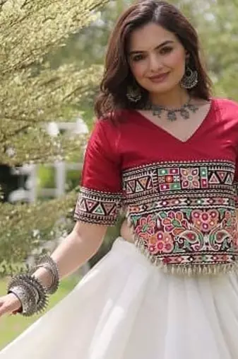 White & Maroon Gamthi Embroidered Foil Print Rayon Flared Lehenga Choli Set