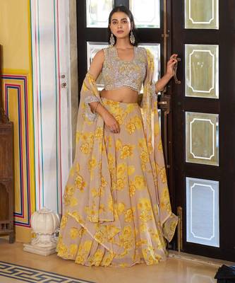 Mustard Sequins & Beads Embroidery Georgette Lehenga Choli with Cape Style Dupatta 3