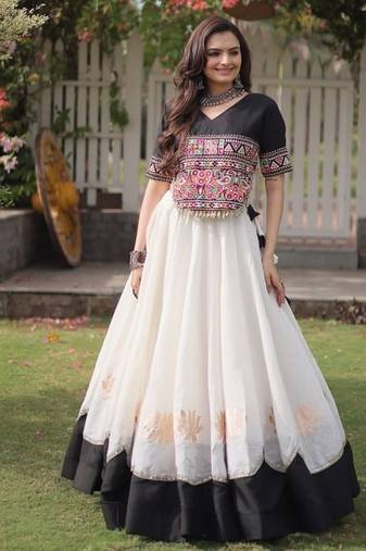 Black & White Gamthi Embroidered Foil Print Rayon Flared Lehenga Choli Set