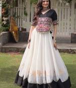 Black & White Gamthi Embroidered Foil Print Rayon Flared Lehenga Choli Set
