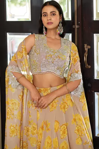 Mustard Sequins & Beads Embroidery Georgette Lehenga Choli with Cape Style Dupatta