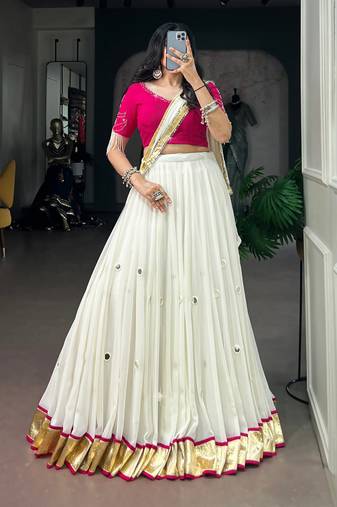 Black Chain stitch & Mirror work Georgette Lehenga Choli Set with Dupatta