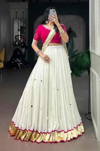 Black Chain stitch & Mirror work Georgette Lehenga Choli Set with Dupatta