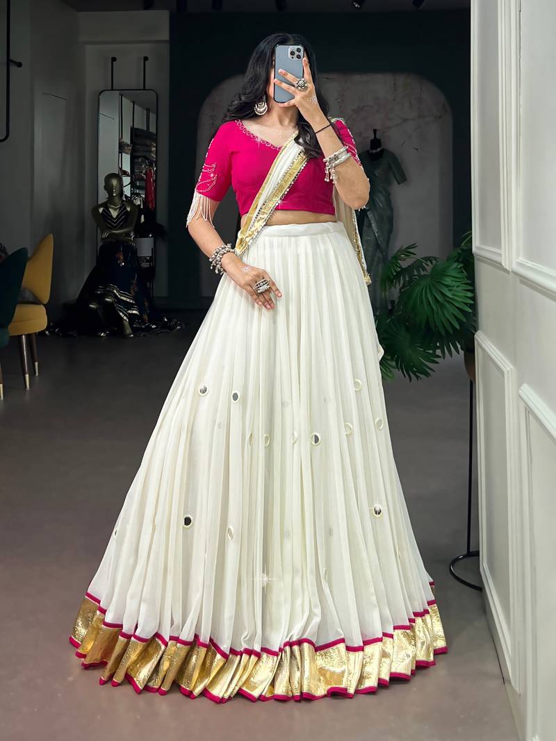 Black Chain stitch & Mirror work Georgette Lehenga Choli Set with Dupatta