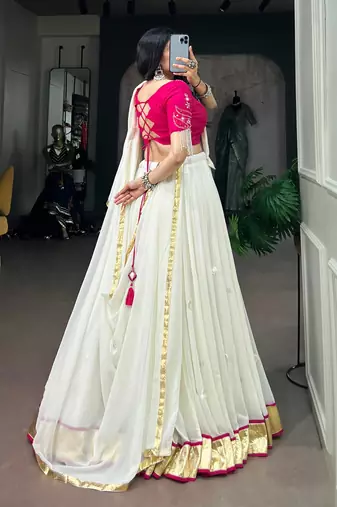 Black Chain stitch & Mirror work Georgette Lehenga Choli Set with Dupatta