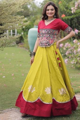 Yellow & Maroon Gamthi Embroidered Foil Print Rayon Flared Lehenga Choli Set