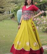 Yellow & Maroon Gamthi Embroidered Foil Print Rayon Flared Lehenga Choli Set