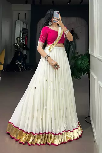 Black Chain stitch & Mirror work Georgette Lehenga Choli Set with Dupatta