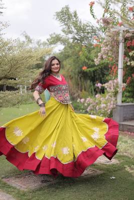Yellow & Maroon Gamthi Embroidered Foil Print Rayon Flared Lehenga Choli Set 3