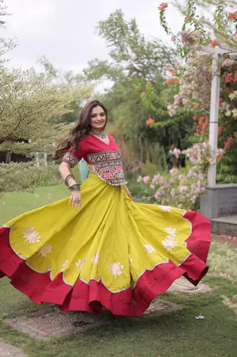 Yellow & Maroon Gamthi Embroidered Foil Print Rayon Flared Lehenga Choli Set