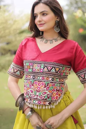 Yellow & Maroon Gamthi Embroidered Foil Print Rayon Flared Lehenga Choli Set