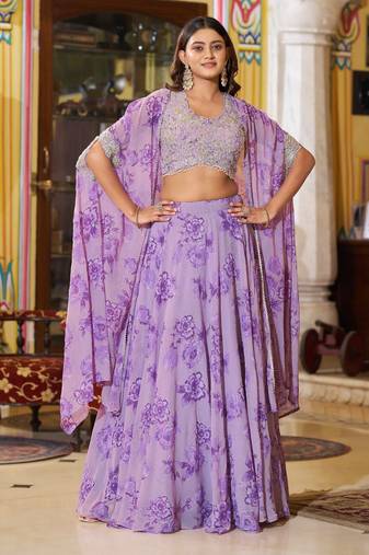 Lavender Sequins & Beads Embroidery Georgette Lehenga Choli with Cape Style Dupatta