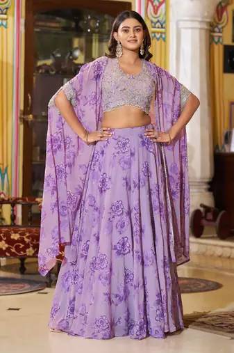 Lavender Sequins & Beads Embroidery Georgette Lehenga Choli with Cape Style Dupatta