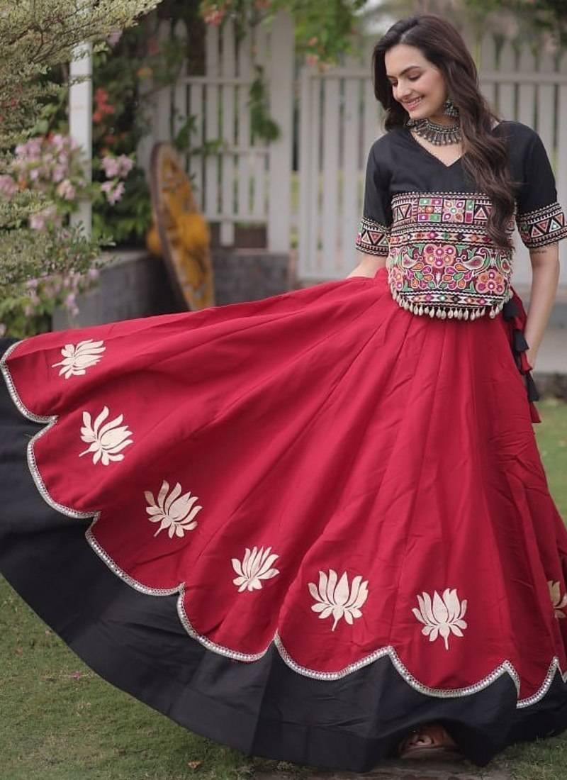 Maroon & Black Gamthi Embroidered Foil Print Rayon Flared Lehenga Choli Set