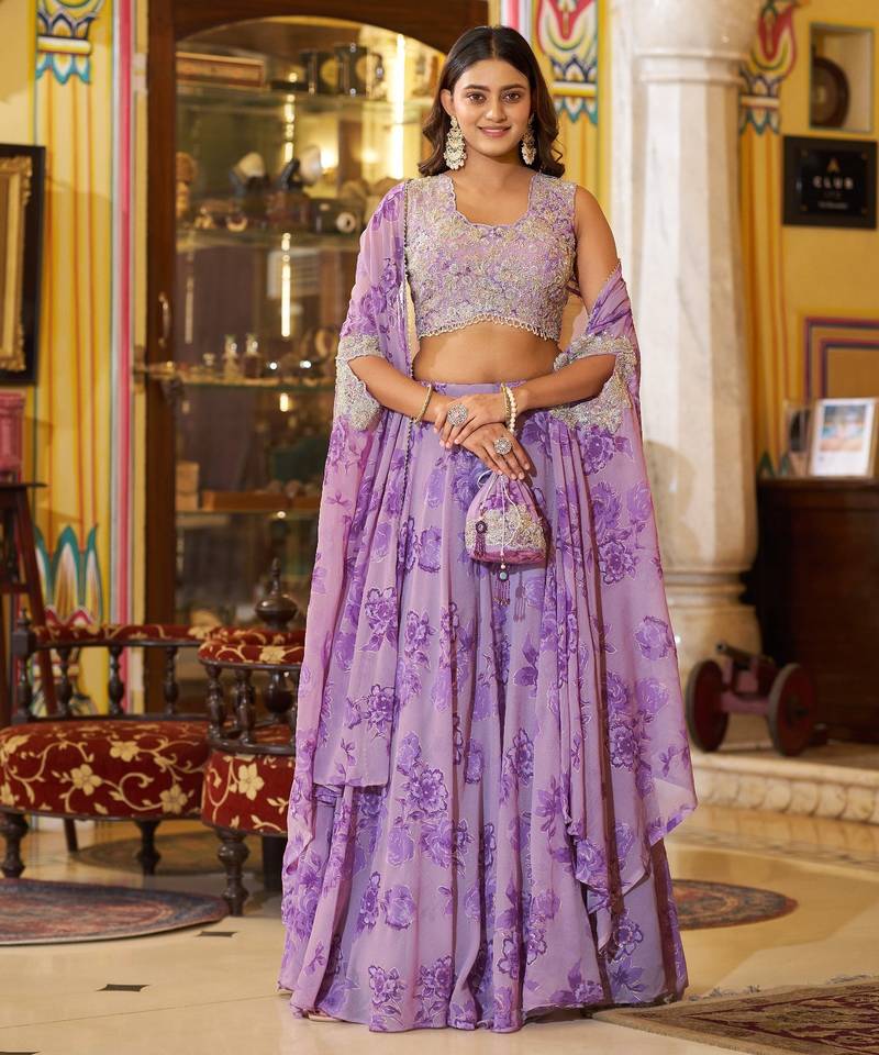 Lavender Sequins & Beads Embroidery Georgette Lehenga Choli with Cape Style Dupatta