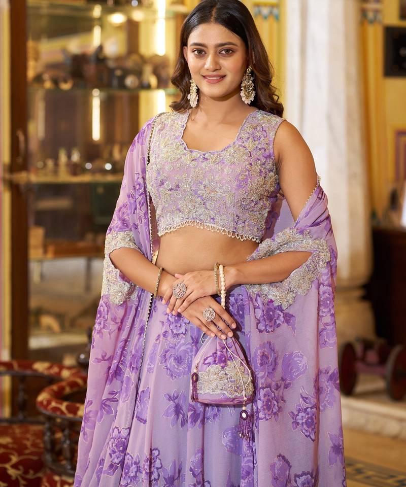 Lavender Sequins & Beads Embroidery Georgette Lehenga Choli with Cape Style Dupatta