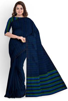 navy blue striped cotton blend saree with green border 1