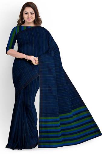 navy blue striped cotton blend saree with green border
