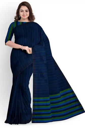 navy blue striped cotton blend saree with green border